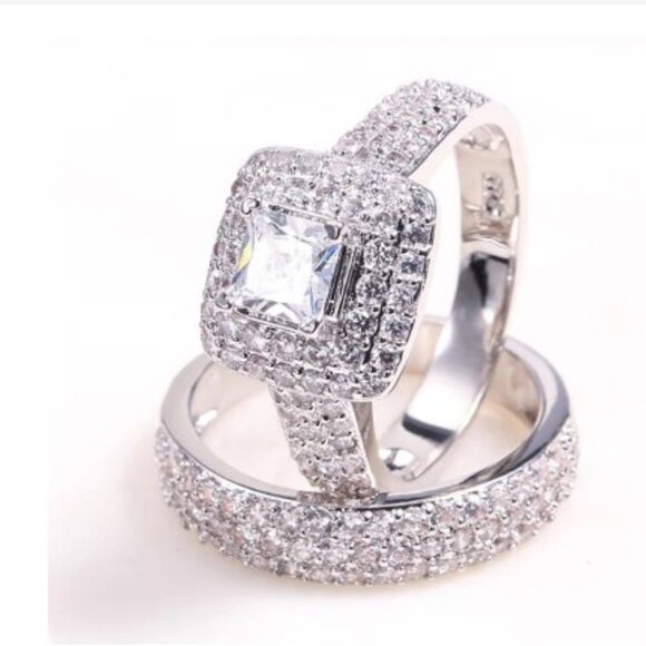 💝 "Shiny Princess Cut Square Zircon Delicate Luxury Silver Ring Set,UNVN12306 - Picture 1 of 4
